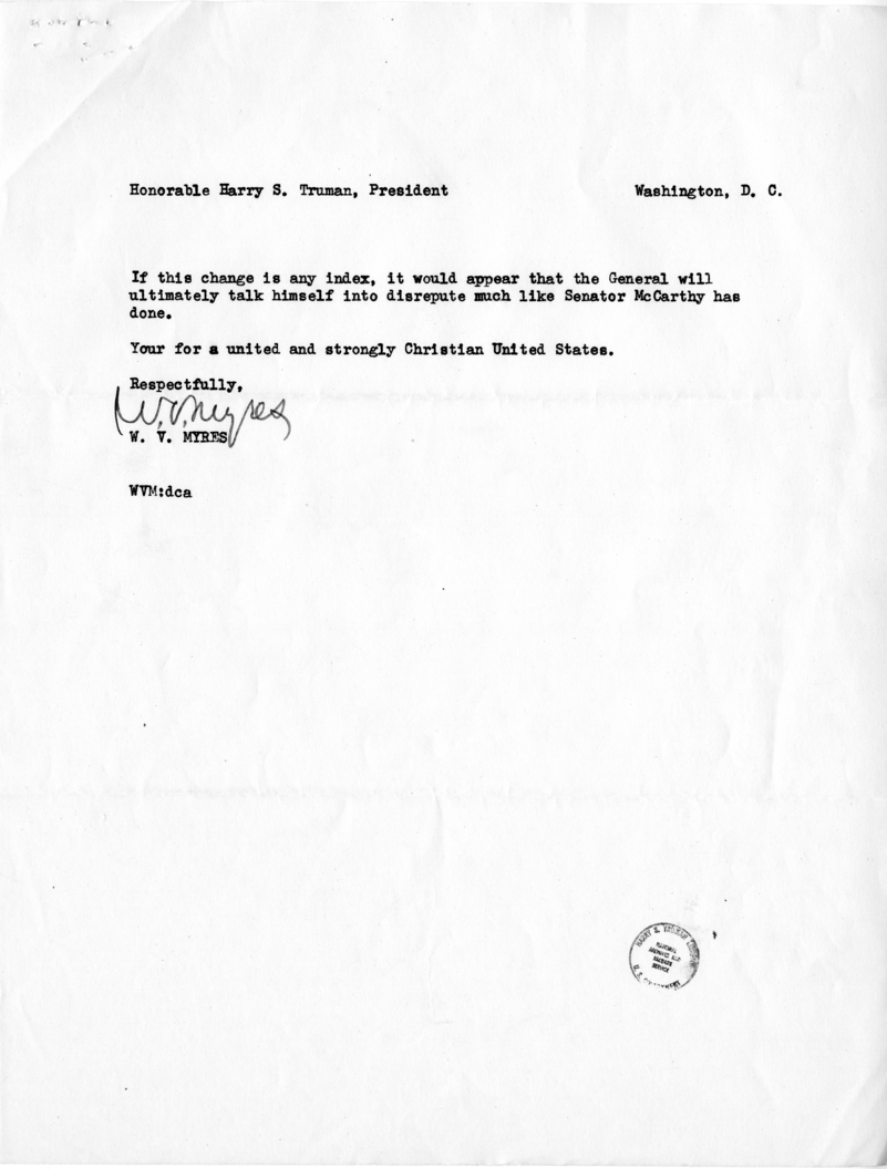 W.V. Myres to Harry S. Truman, With Reply From William Hassett