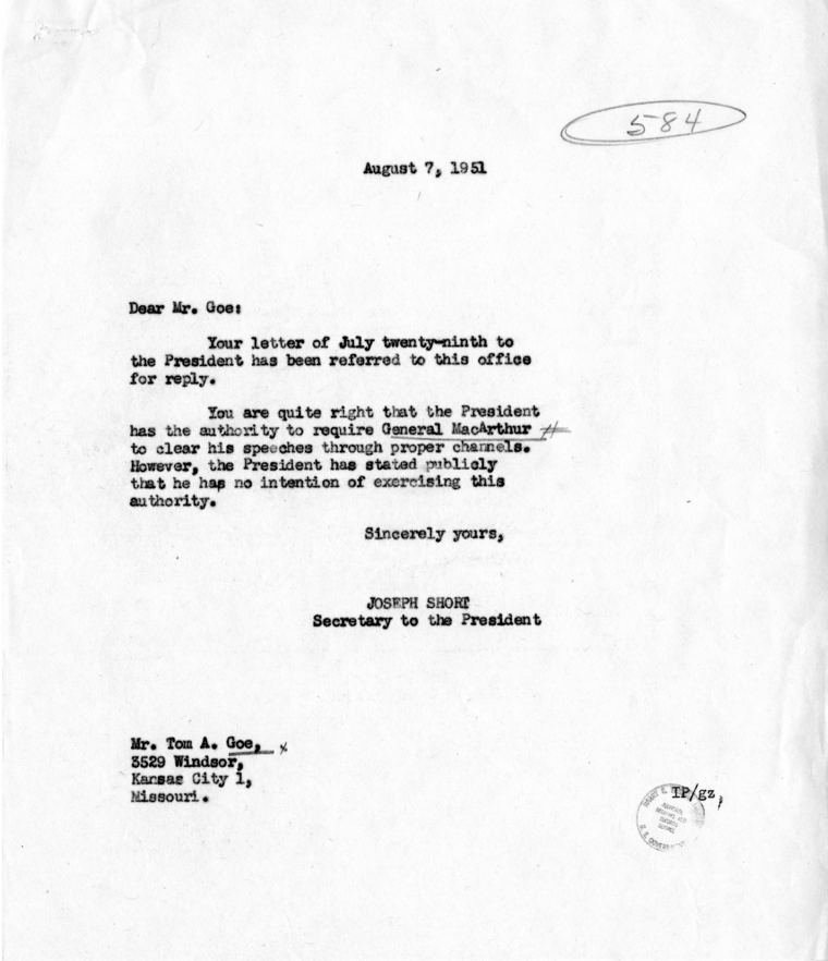 Tom Goe to Harry S. Truman, With Reply From Joseph Short