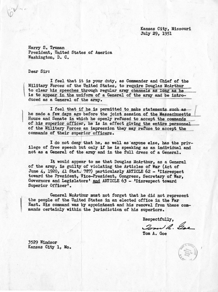 Tom Goe to Harry S. Truman, With Reply From Joseph Short