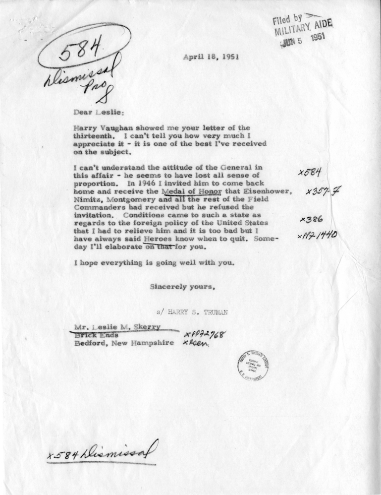 Correspondence Between Harry S. Truman, Harry Vaughan, and Leslie Skerry