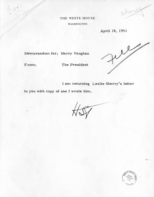 Correspondence Between Harry S. Truman, Harry Vaughan, and Leslie Skerry