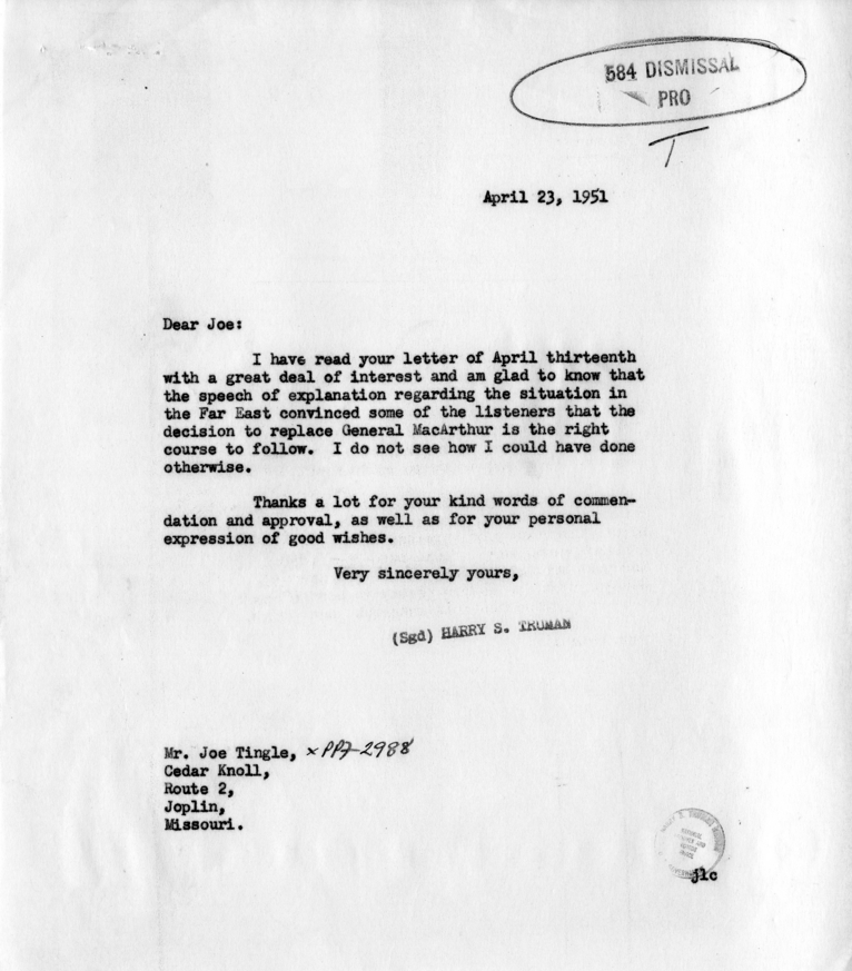 Correspondence Between Harry S. Truman and Joe Tingle