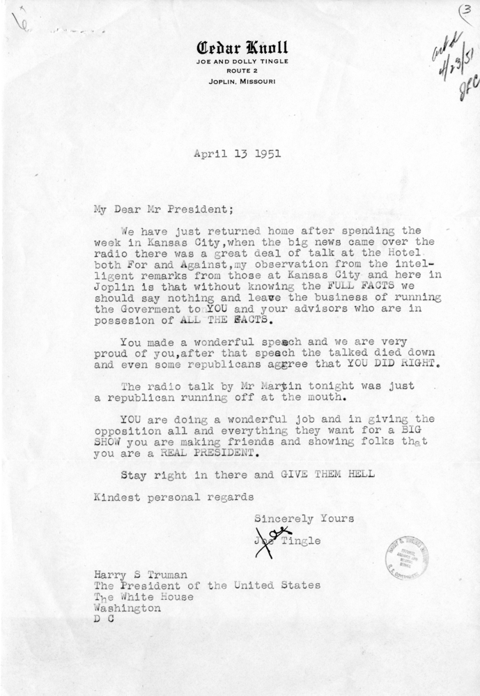 Correspondence Between Harry S. Truman and Joe Tingle