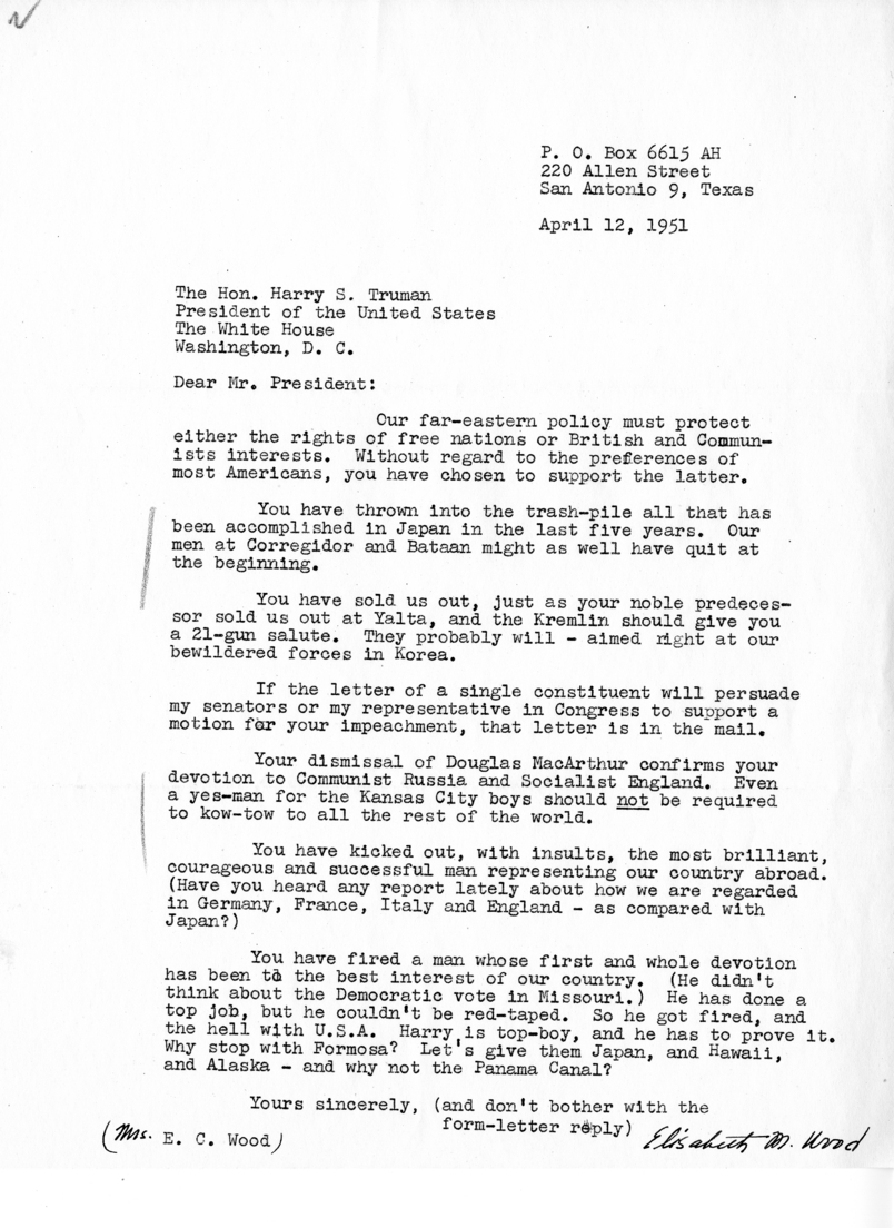 Elisabeth Wood to Harry S. Truman