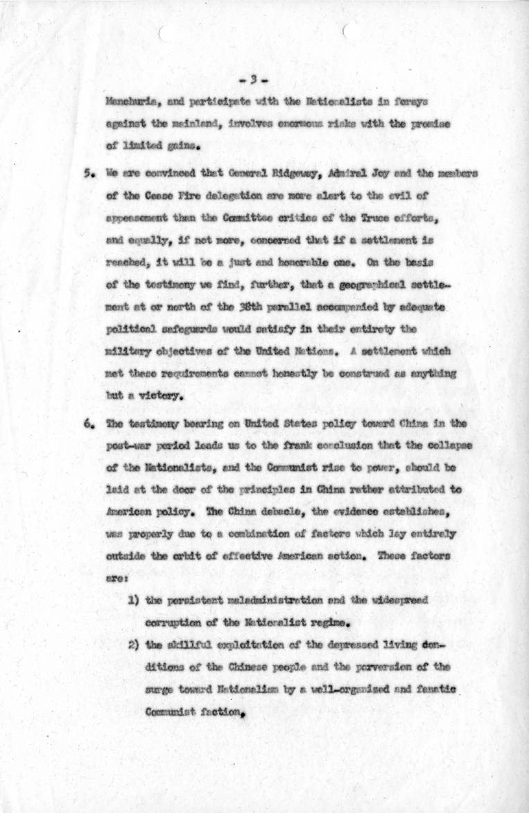 State Department, MacArthur Hearings Report by Fisher, Conclusion