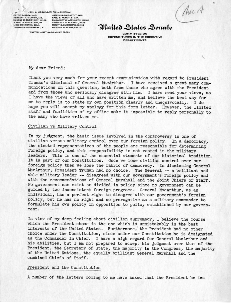 Form Letter from Senator Hubert H. Humphrey