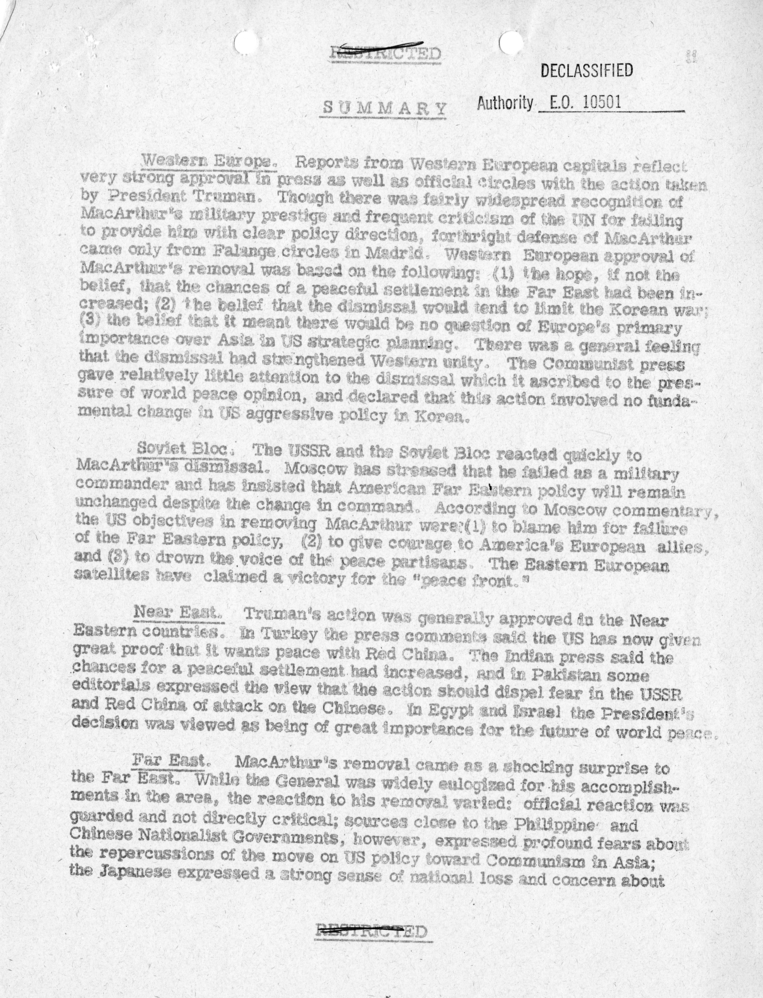 Department of State, "Initial Foreign Reaction to General MacArthur's Dismissal"