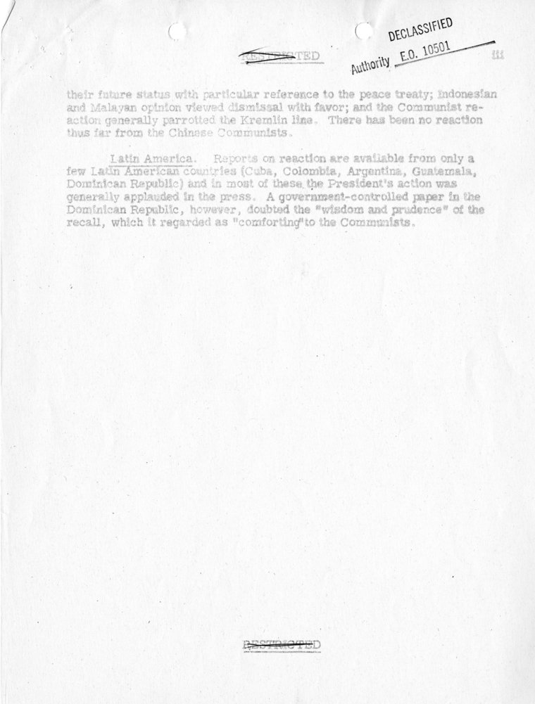 Department of State, "Initial Foreign Reaction to General MacArthur's Dismissal"