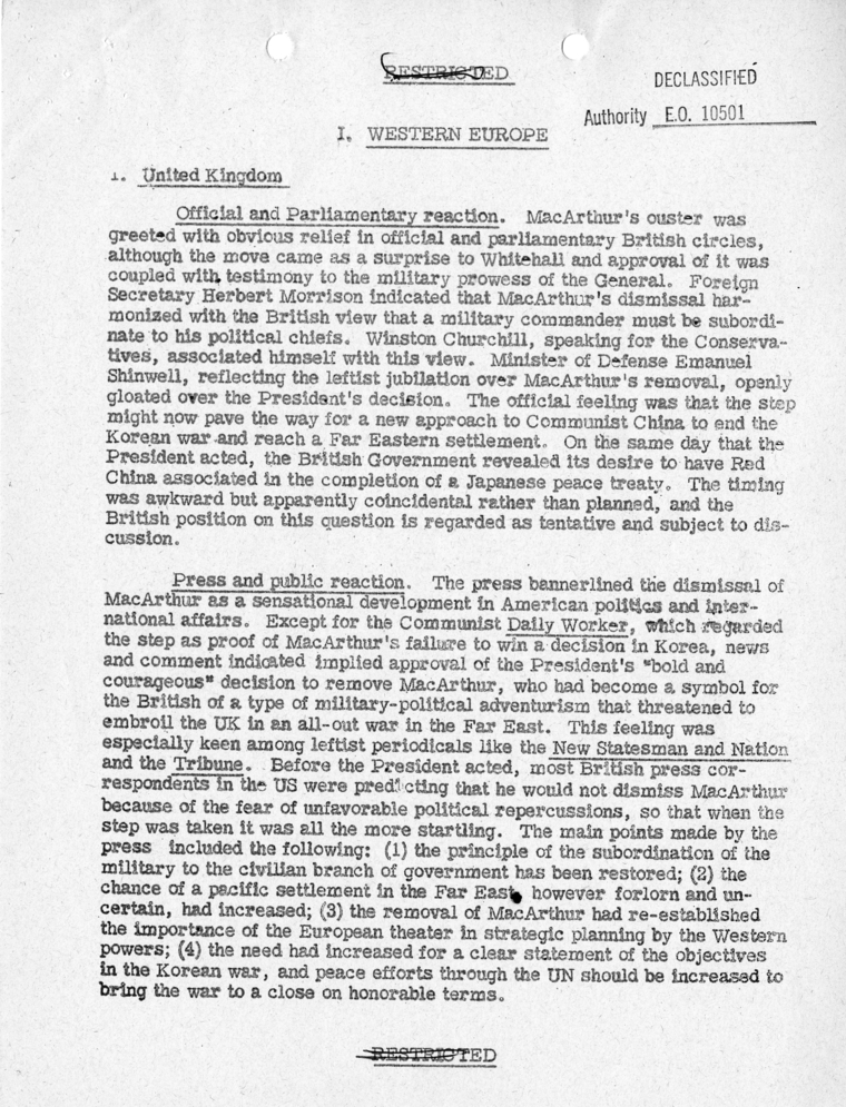 Department of State, "Initial Foreign Reaction to General MacArthur's Dismissal"