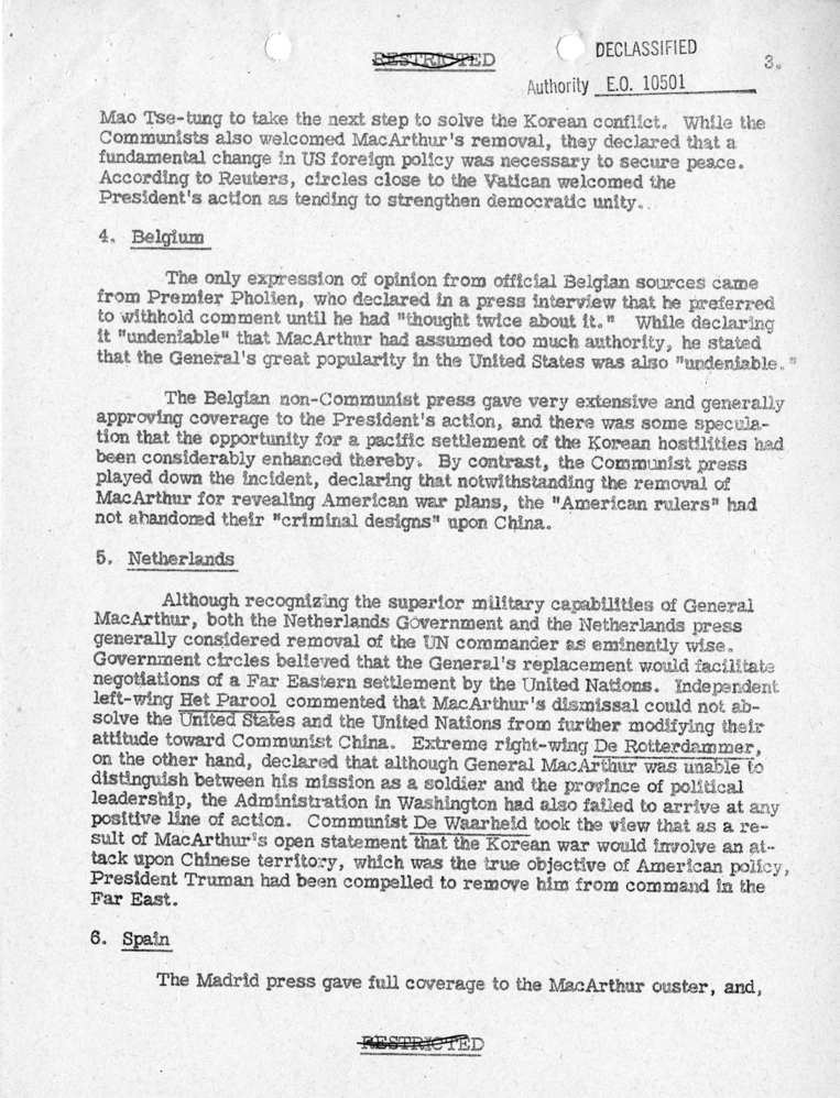 Department of State, "Initial Foreign Reaction to General MacArthur's Dismissal"