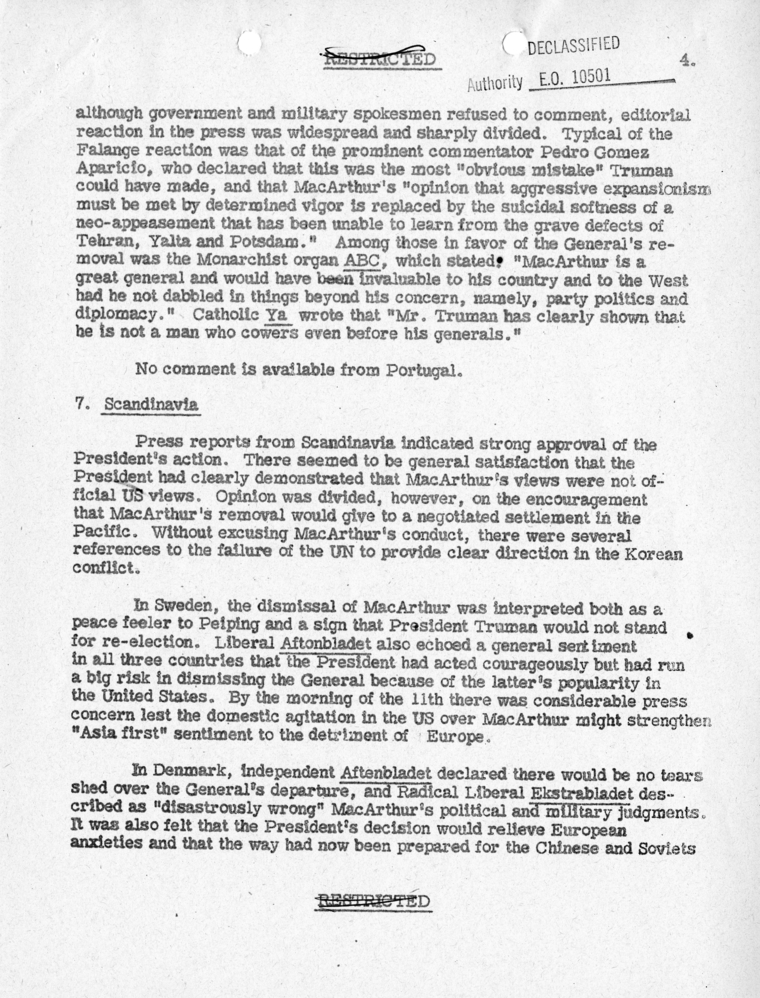 Department of State, &quot;Initial Foreign Reaction to General MacArthur&#039;s Dismissal&quot;