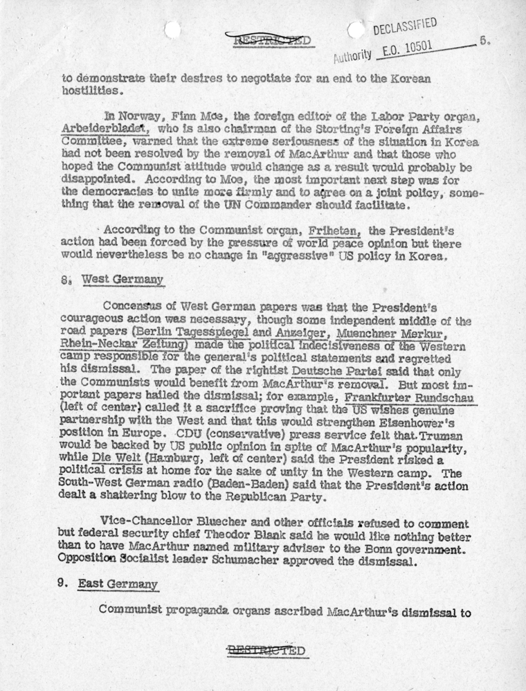 Department of State, "Initial Foreign Reaction to General MacArthur's Dismissal"