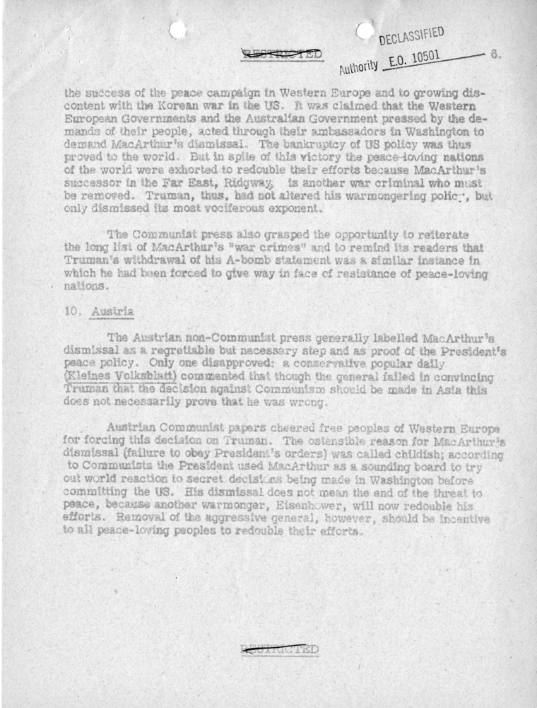 Department of State, "Initial Foreign Reaction to General MacArthur's Dismissal"