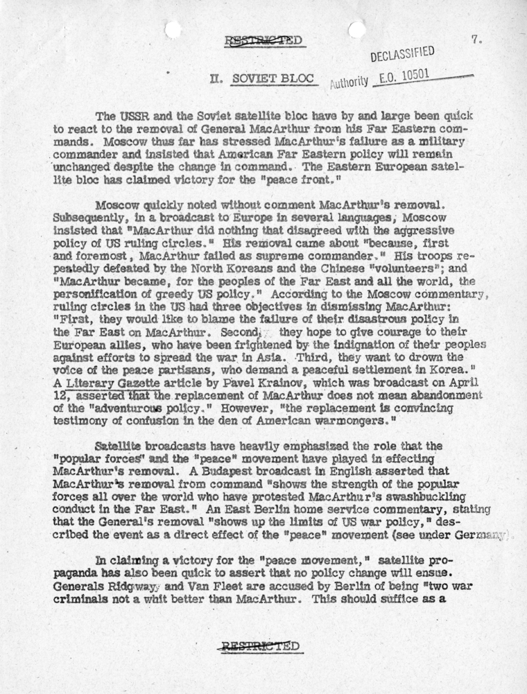 Department of State, "Initial Foreign Reaction to General MacArthur's Dismissal"