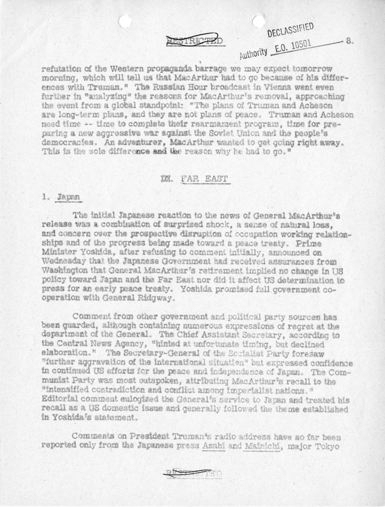 Department of State, &quot;Initial Foreign Reaction to General MacArthur&#039;s Dismissal&quot;
