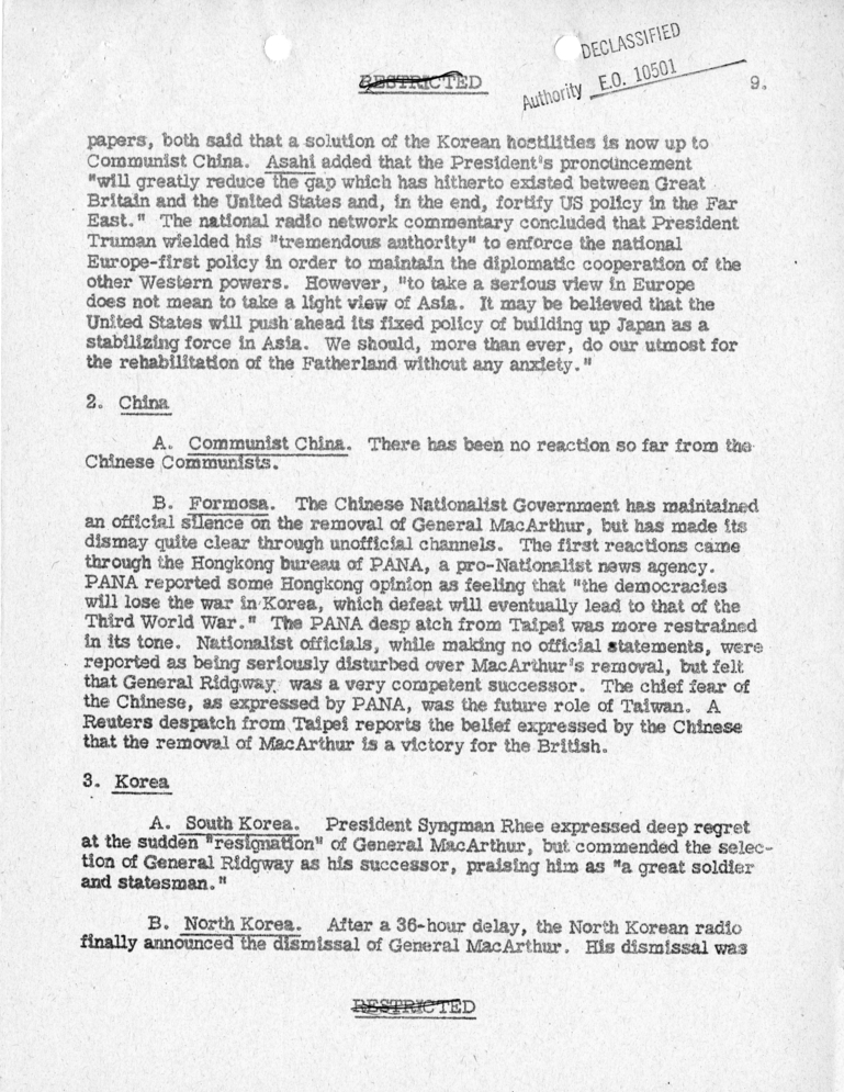 Department of State, "Initial Foreign Reaction to General MacArthur's Dismissal"