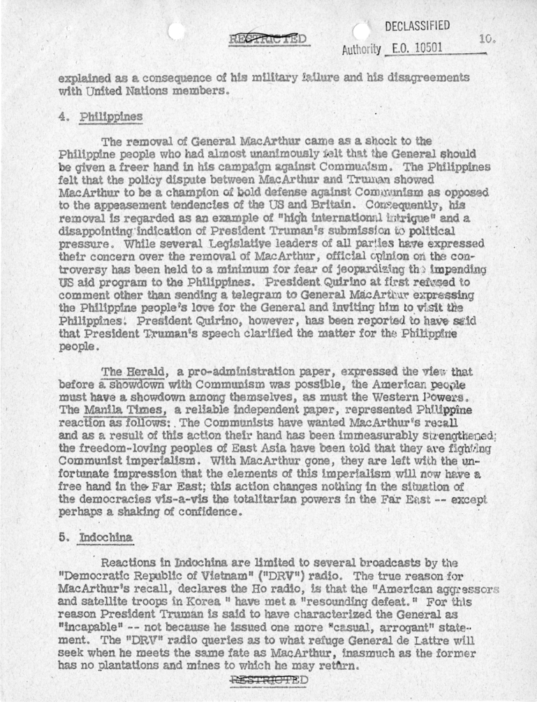 Department of State, "Initial Foreign Reaction to General MacArthur's Dismissal"