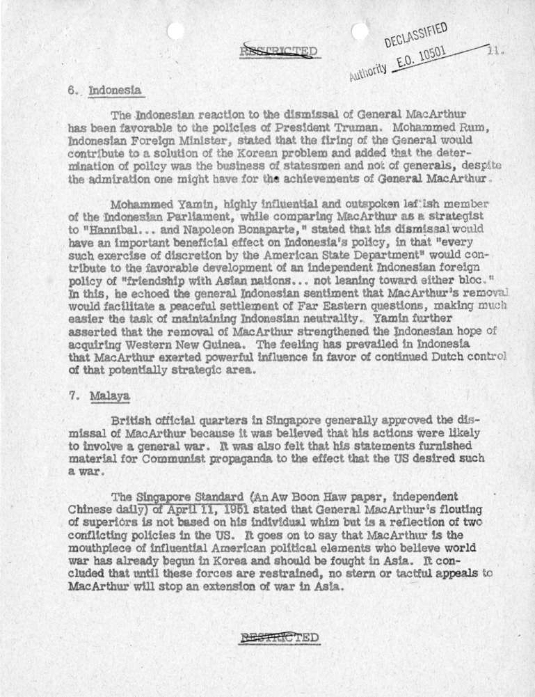 Department of State, "Initial Foreign Reaction to General MacArthur's Dismissal"