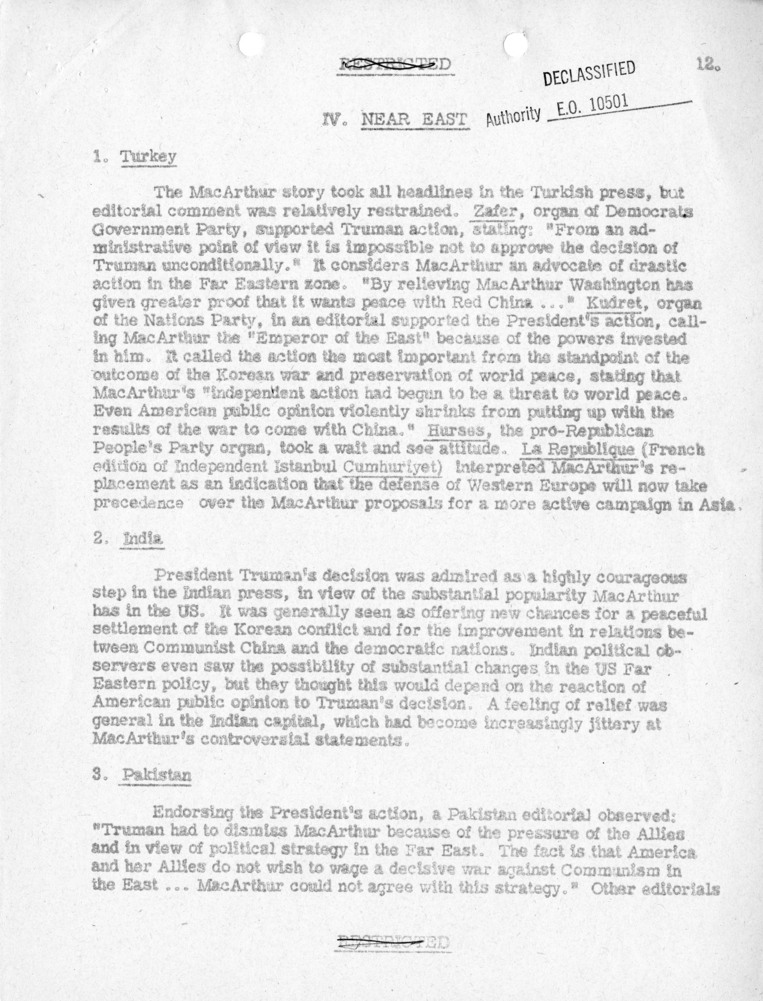 Department of State, "Initial Foreign Reaction to General MacArthur's Dismissal"