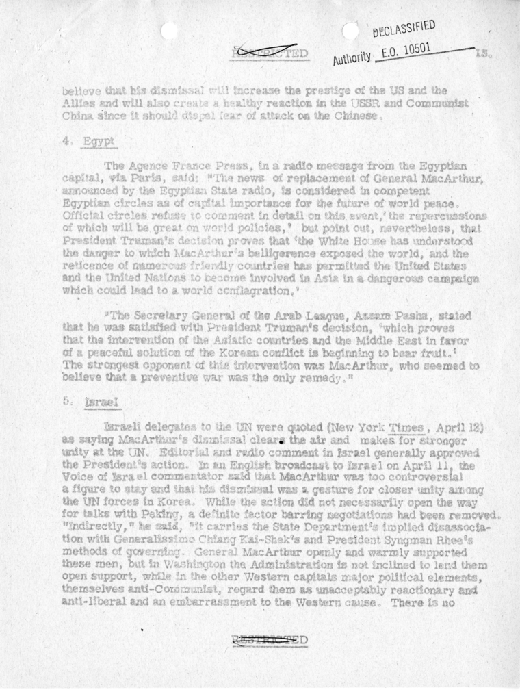 Department of State, "Initial Foreign Reaction to General MacArthur's Dismissal"