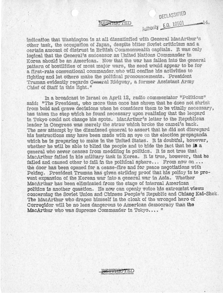 Department of State, "Initial Foreign Reaction to General MacArthur's Dismissal"