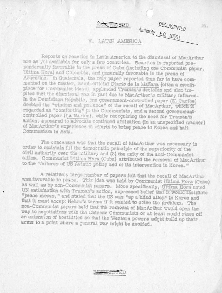 Department of State, "Initial Foreign Reaction to General MacArthur's Dismissal"