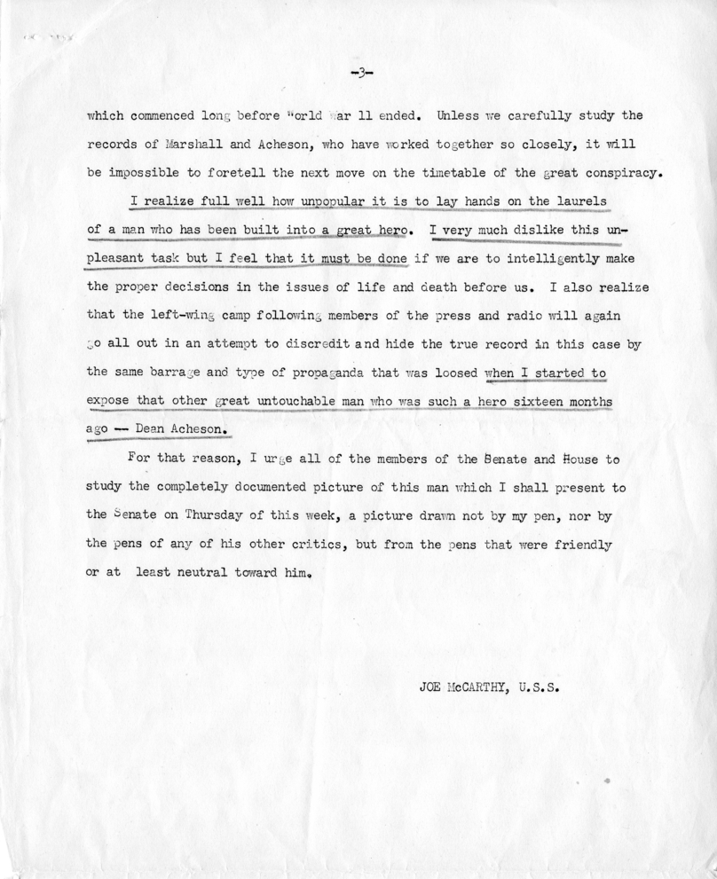 Press Release, Joseph McCarthy to Congress