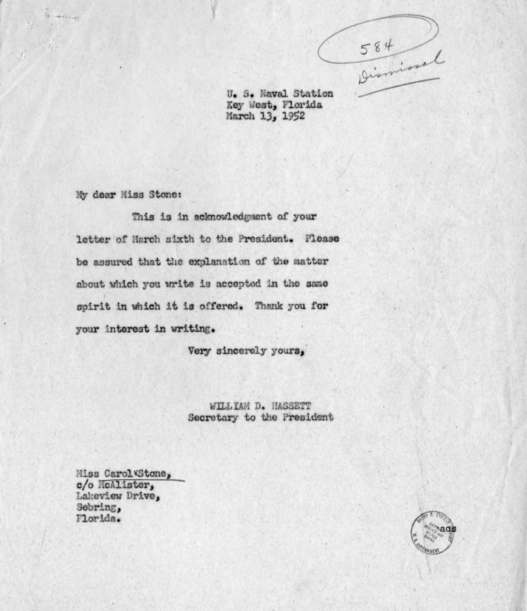 Carol Stone to Harry S. Truman, With Reply From William Hassett