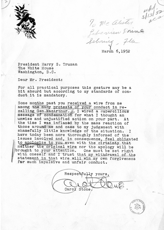 Carol Stone to Harry S. Truman, With Reply From William Hassett
