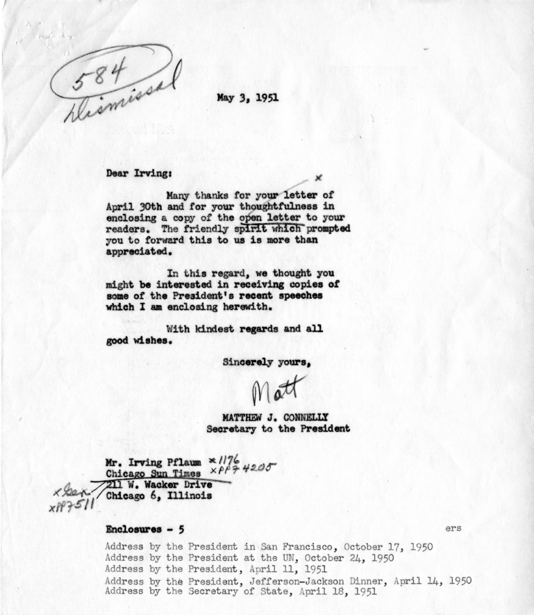 Correspondence Between Matthew Connelly and Irving Plfaum