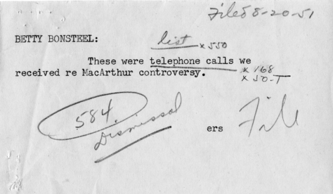 Record of Phone Calls Regarding the Dismissal of General Douglas MacArthur