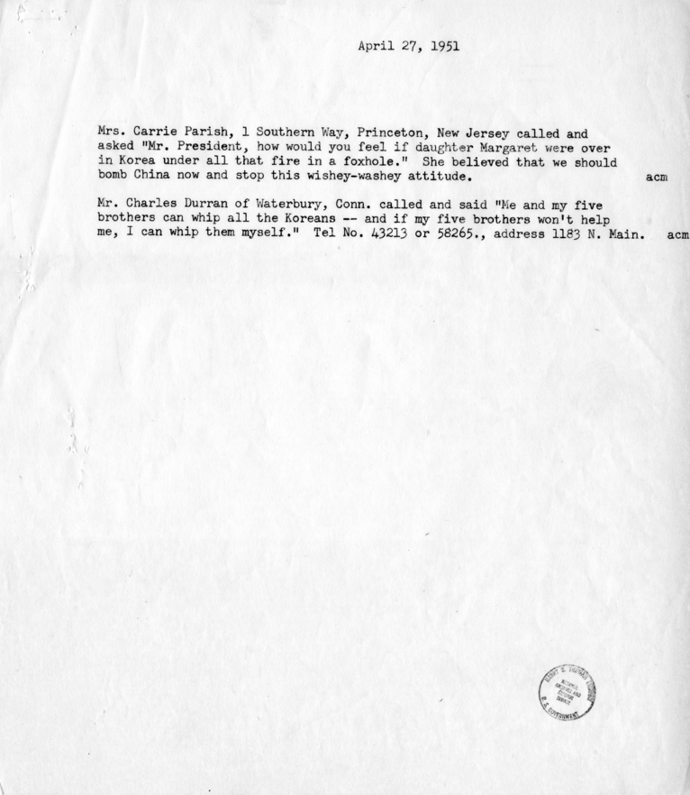 Record of Phone Calls Regarding the Dismissal of General Douglas MacArthur