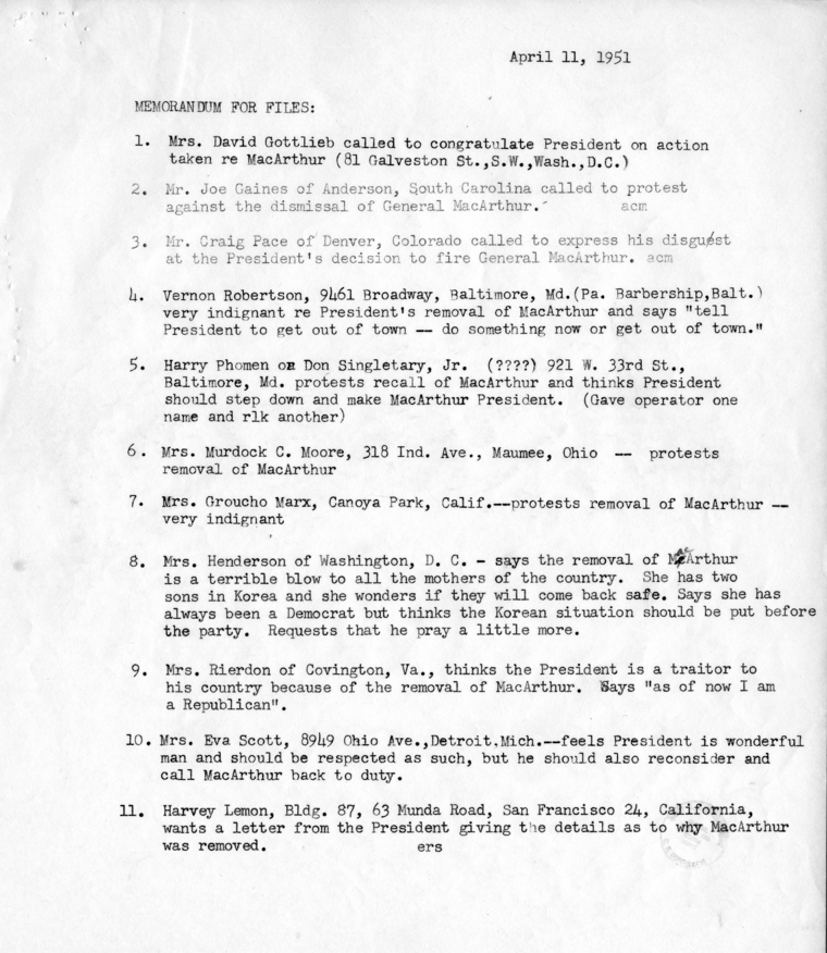 Record of Phone Calls Regarding the Dismissal of General Douglas MacArthur