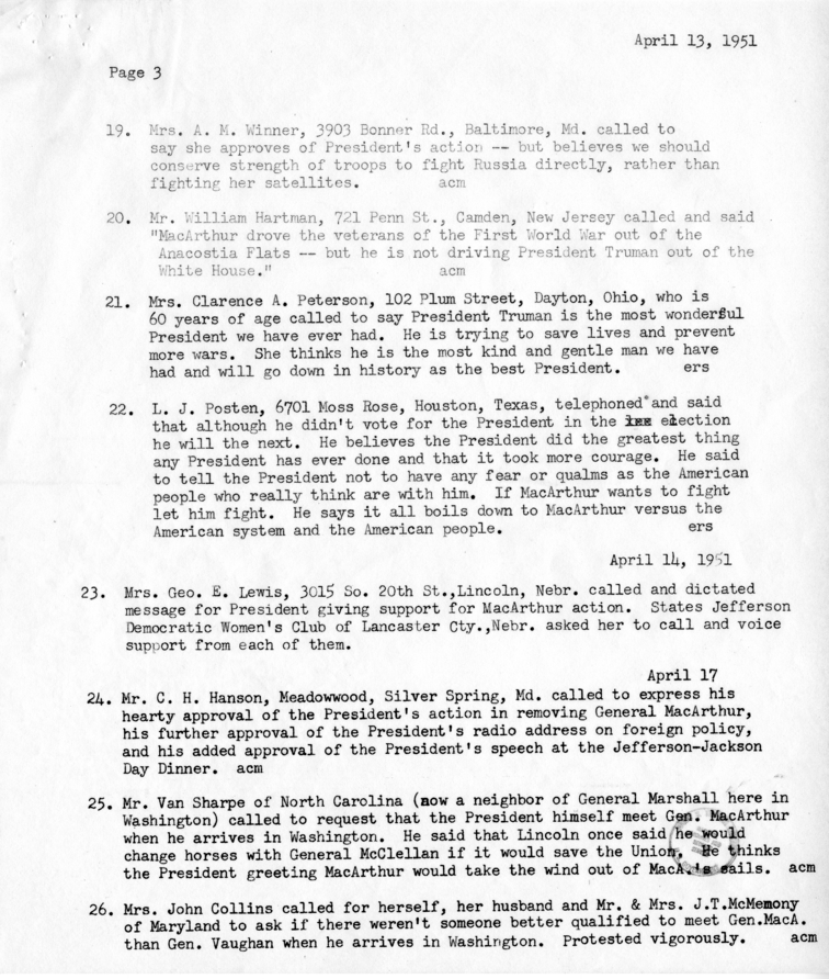 Record of Phone Calls Regarding the Dismissal of General Douglas MacArthur