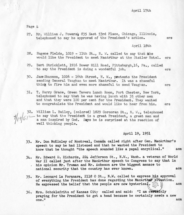 Record of Phone Calls Regarding the Dismissal of General Douglas MacArthur