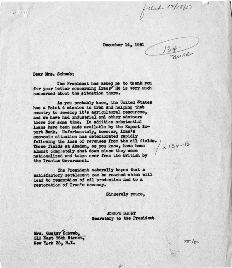 Letter from Mrs. Gustav Schwab to President Harry S. Truman, with a Reply from Joseph Short