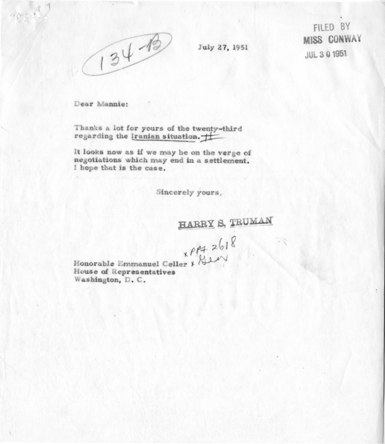 Correspondence Between President Harry S. Truman and Congressman Emanuel Celler
