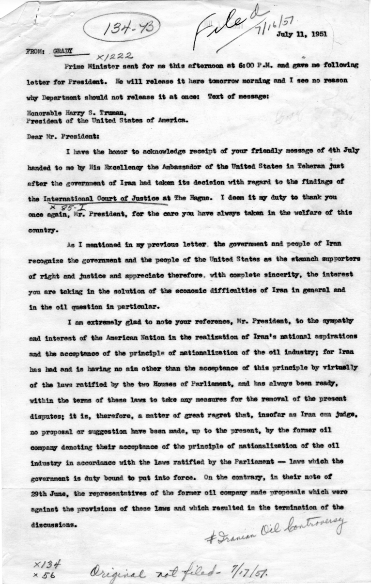 Text of Letter from Mohammed Mossadegh to Harry S. Truman
