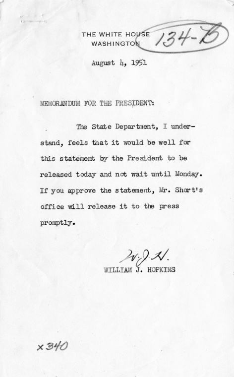 Statement of President Harry S. Truman, with Attached Internal Memoranda