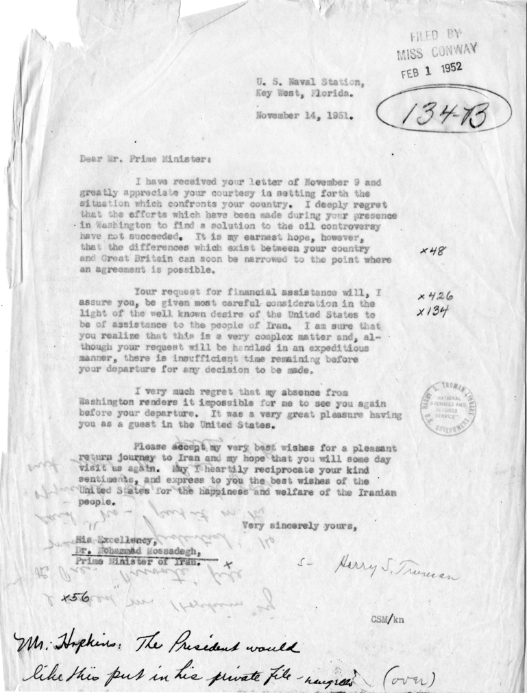 Letter from Harry S. Truman to Prime Minister Mohammad Mossadeq, with Related Material