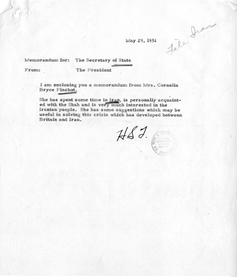 President Harry S. Truman to Secretary of State Dean Acheson, with Attached Correspondence from Cornelia Bryce Pinchot