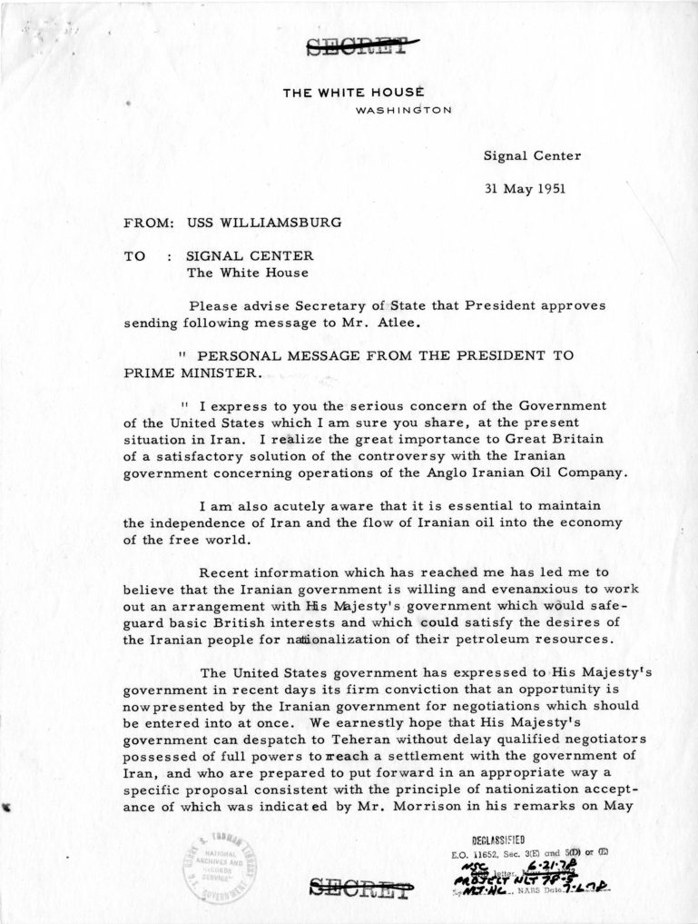 Telegram from President Harry S. Truman to Prime Minister Clement Atlee