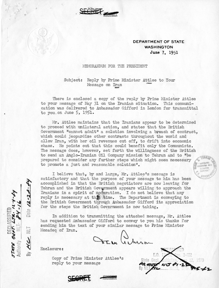 Memorandum from Secretary of State Dean Acheson to President Harry S. Truman, with Attachment