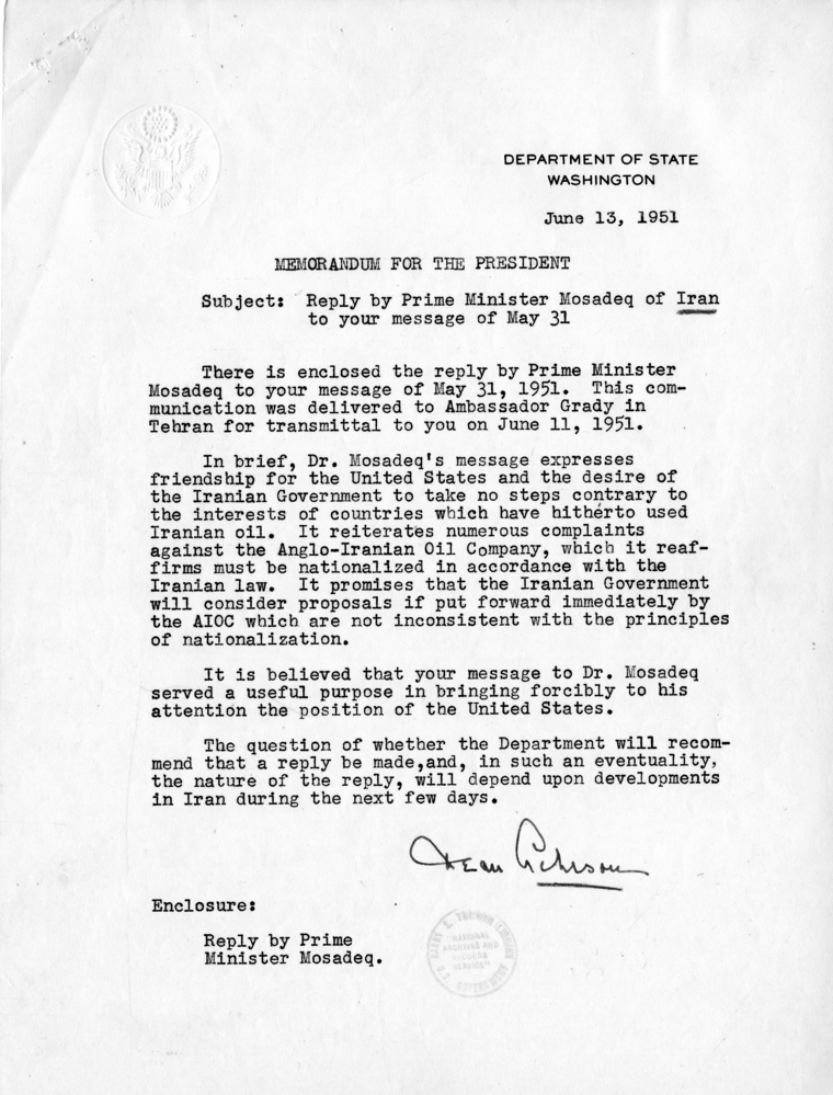 Secretary of State Dean Acheson to President Harry S. Truman, with Attachment