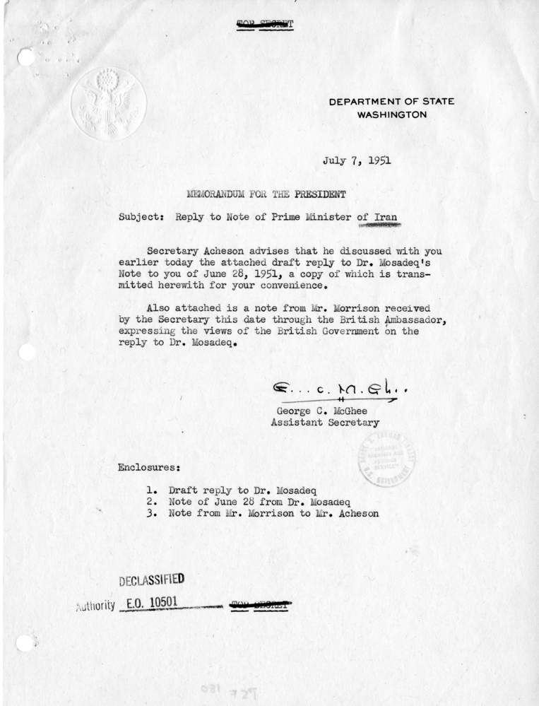 Memorandum from George McGhee to President Harry S. Truman, with Attachments