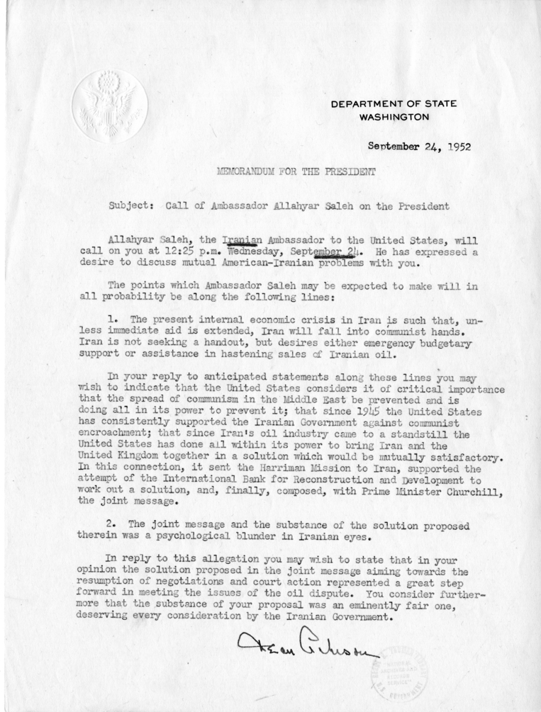 Memorandum from Secretary of State Dean Acheson to President Harry S. Truman