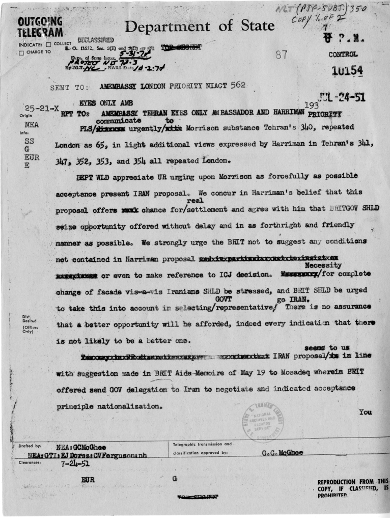 Telegram from Secretary of State Dean Acheson to the American Embassy in London, England