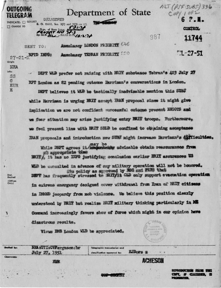 Telegram from Secretary of State Dean Acheson to the American Embassy in London
