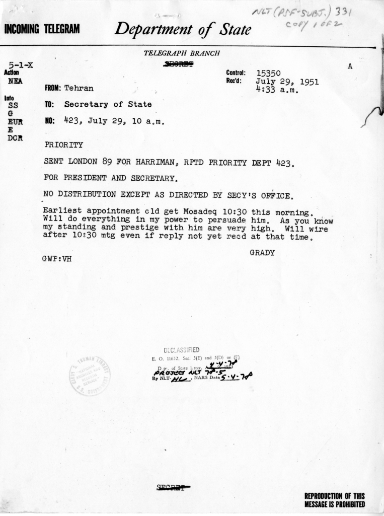 Telegram from Henry Grady to Secretary of State Dean Acheson, 4:33 a.m.