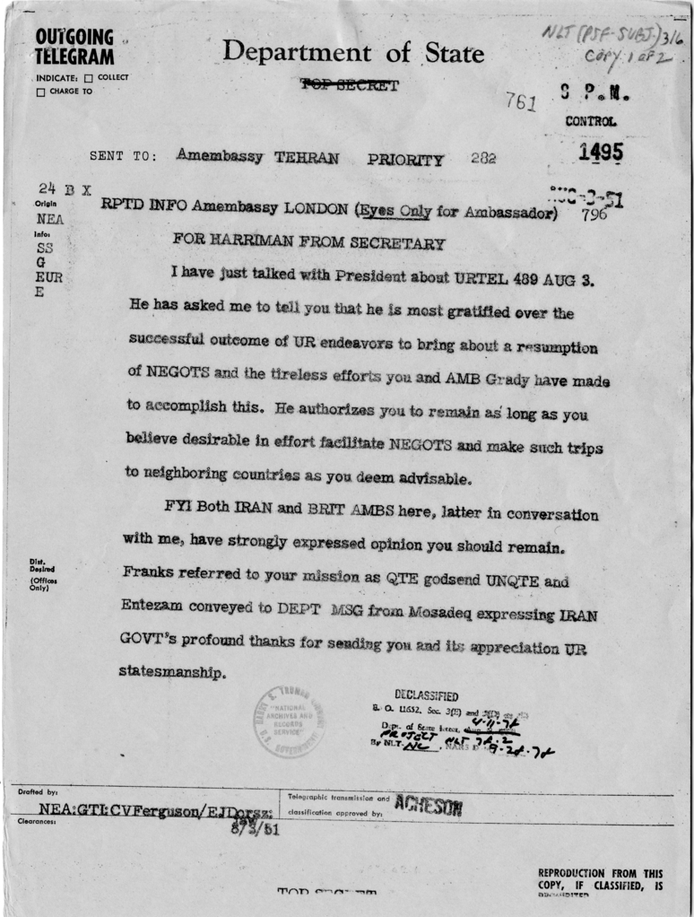 Telegram from Secretary of State Dean Acheson to Averell Harriman